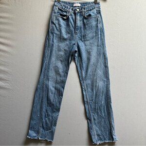 Oak + Fort High Waisted Straight Leg Frayed Hem Side Slit Jeans Size S